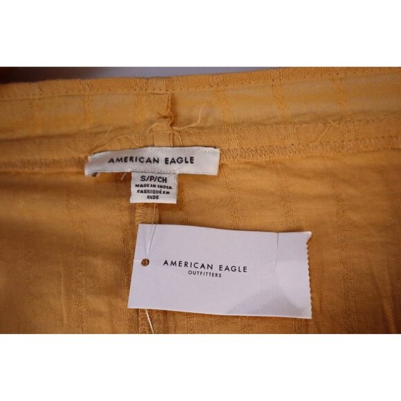 American Eagle Embroidered Mustard Yellow Peasant Blouse With Tassel Tie Neck S - Picture 6 of 12